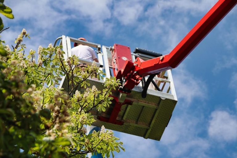 Home Operator bedient een hoogwerker voor veilige werkzaamheden op hoogte zonder ladder of steiger